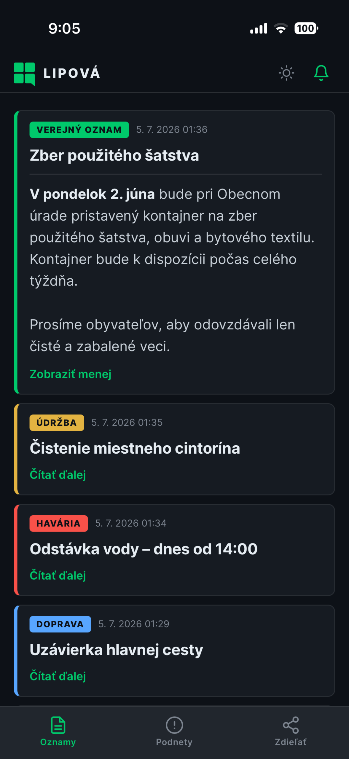Zoznam oznamov v aplikácii LYNK, tmavý režim
