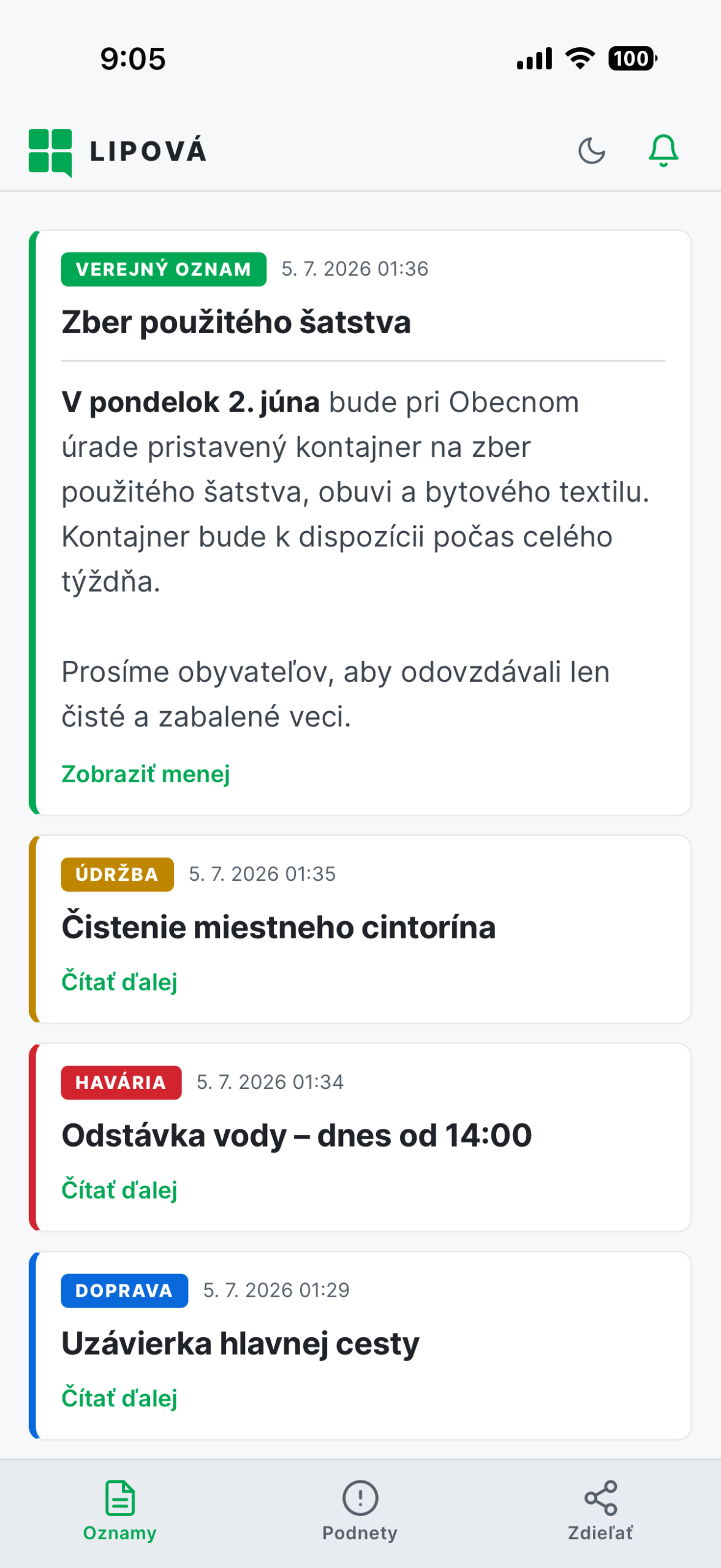 Zoznam oznamov v aplikácii LYNK, svetlý režim