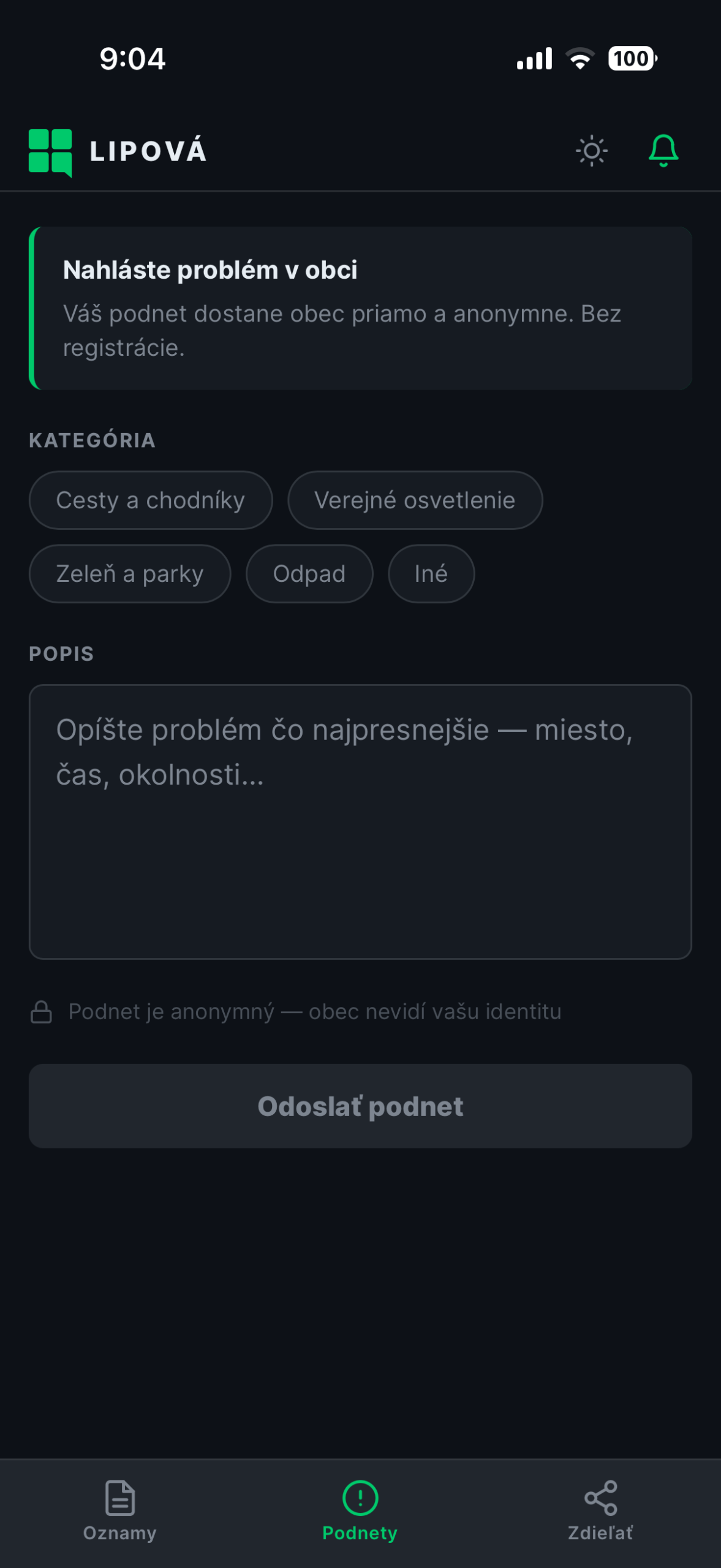 Formulár na odoslanie podnetu, tmavý režim
