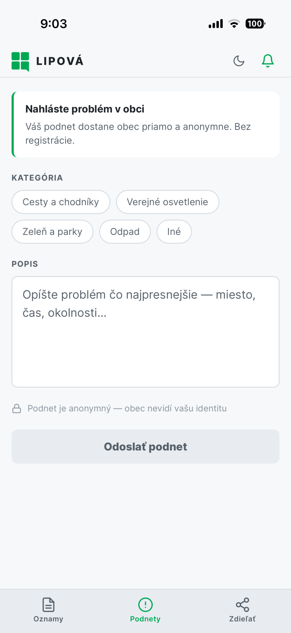 Formulár na odoslanie podnetu, svetlý režim