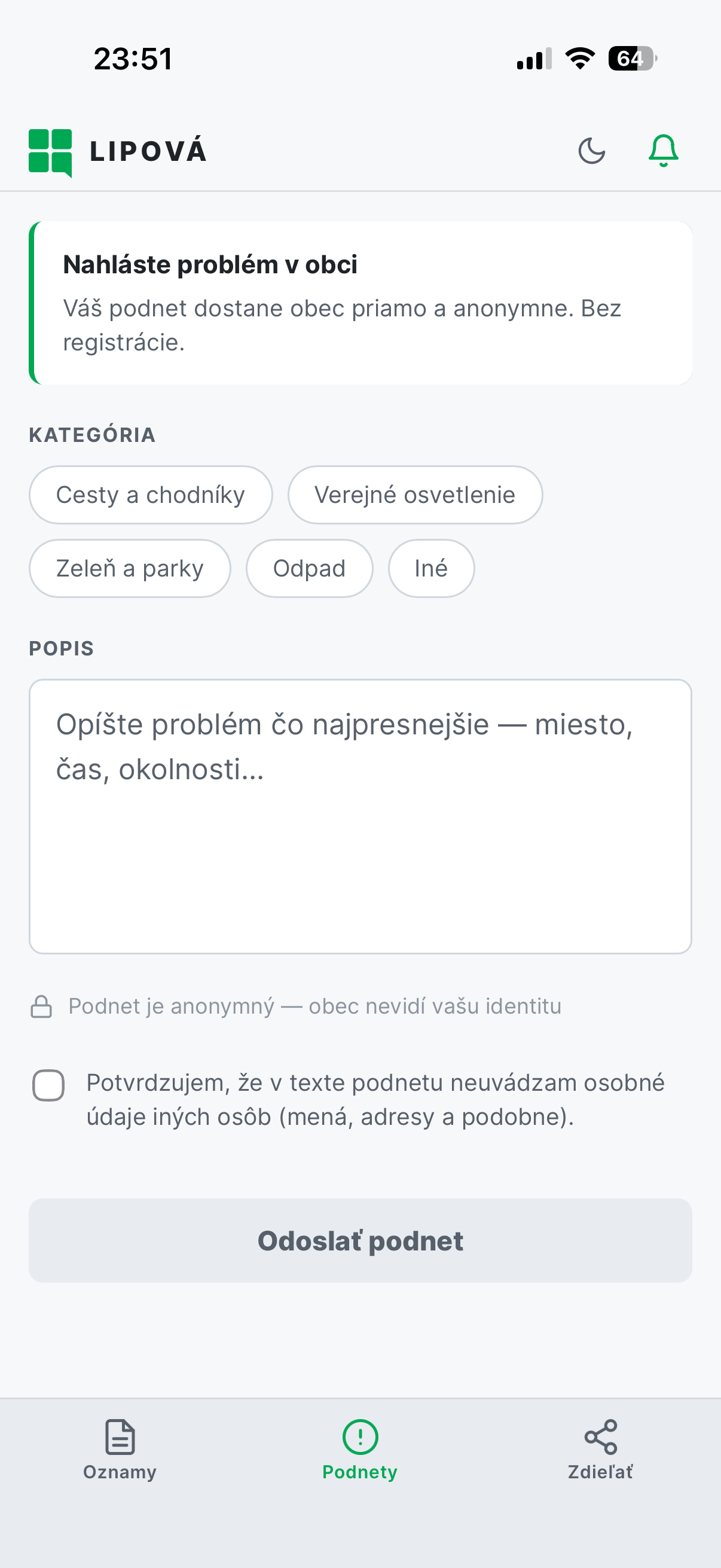 Formulár na odoslanie podnetu, svetlý režim